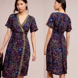 Anthropologie Maeve Morgan Floral Wrap Dress Short Sleeve Cheetah Print Size 8